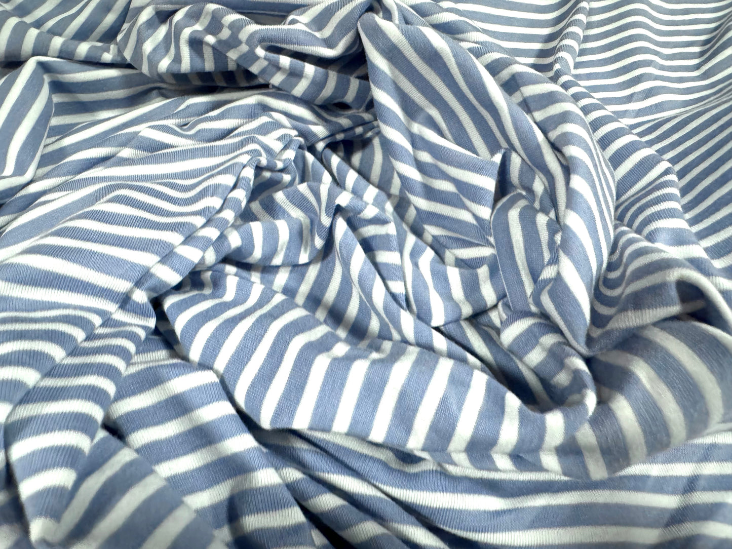 Viscose spandex stretch single jersey fabric, per metre - Breton stripe - powder blue & white