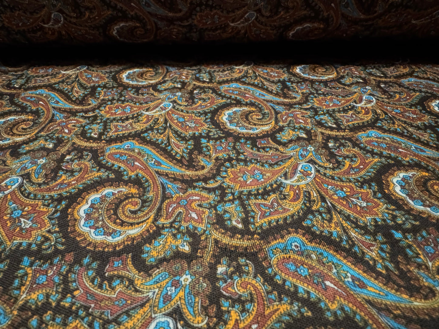 Piqué double jersey fabric, per metre - paisley print - brown & blue
