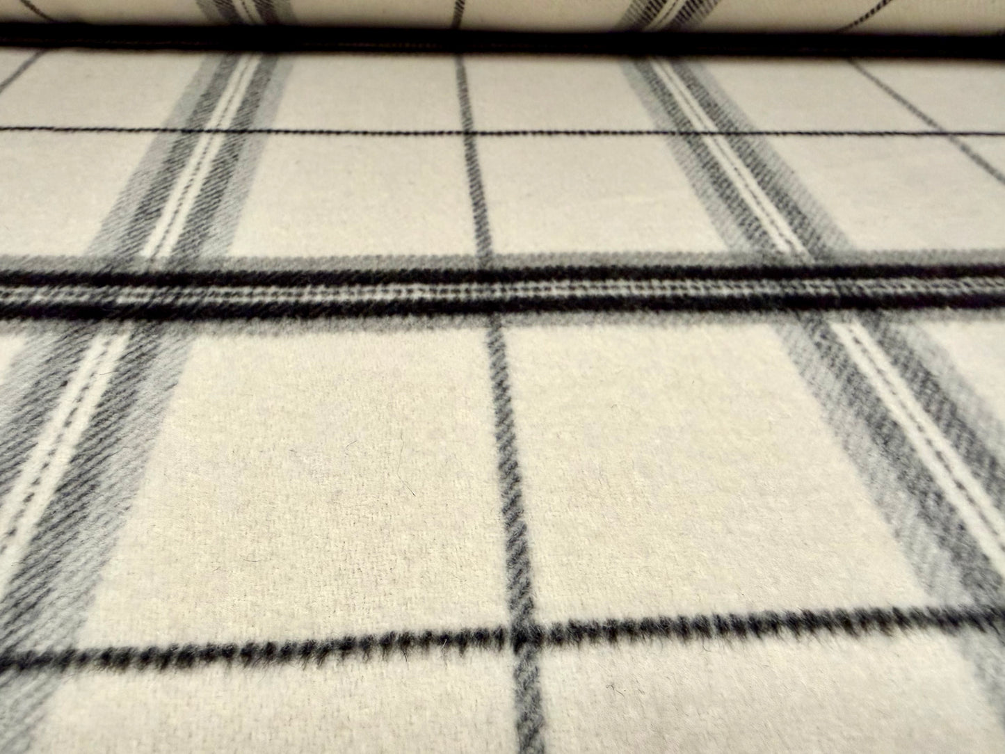 Heavyweight wool flannel coat jacket fabric, per metre - plaid check - cream grey & black