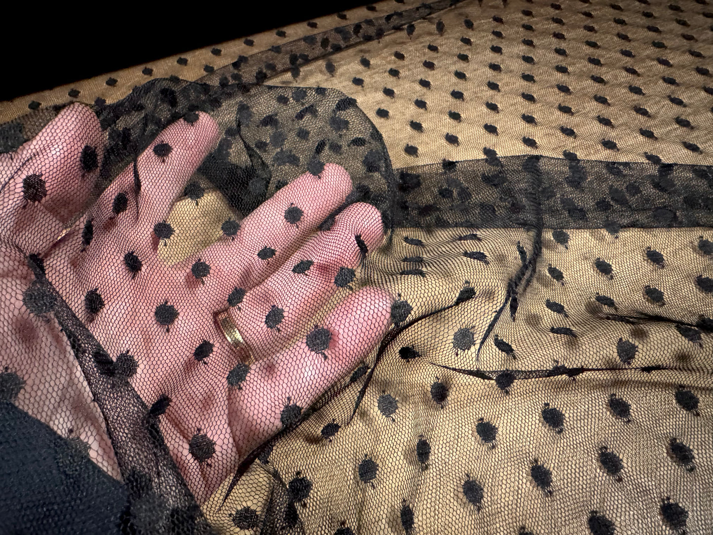 Fine lightweight mesh net fabric, per metre - dobby spot - black