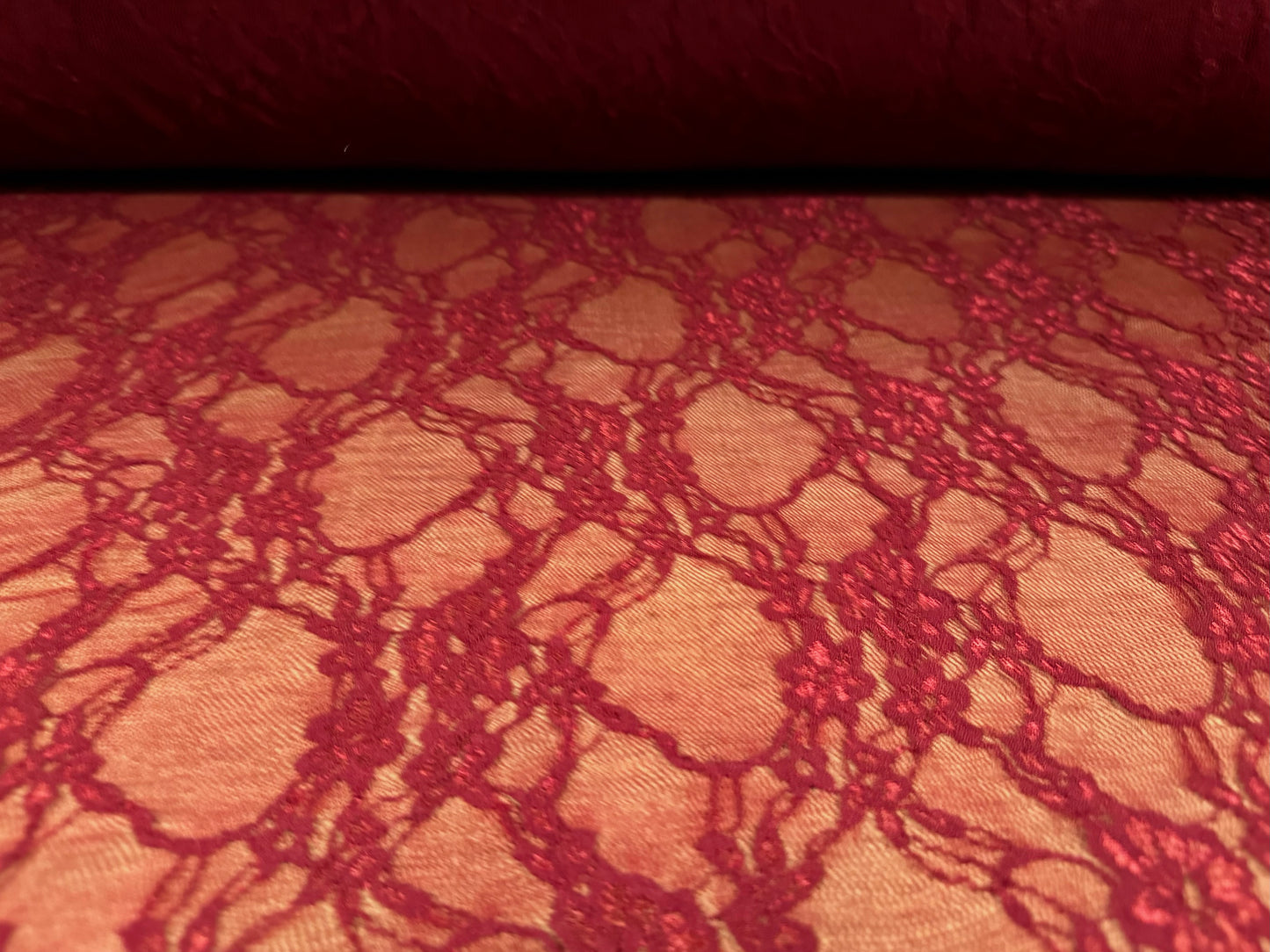 Stretch spandex mesh lace net fabric, per metre - floral pattern - tile red