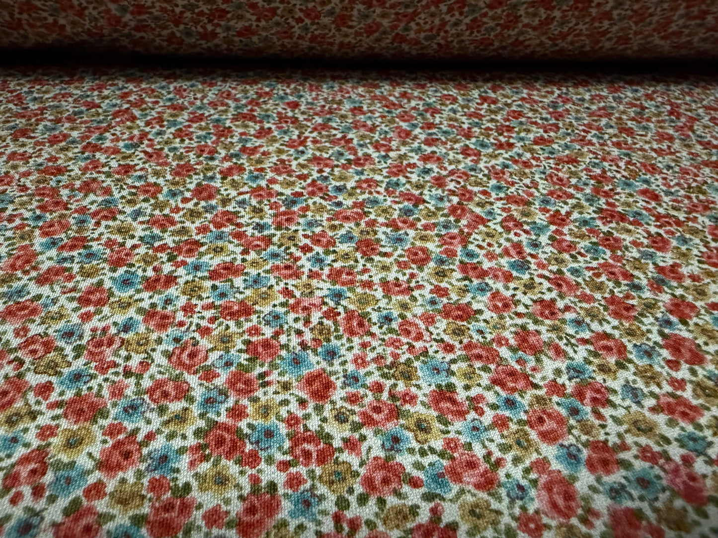 Stretch spandex crepe jersey fabric, per metre - ditsy floral print - pink turquoise & grey