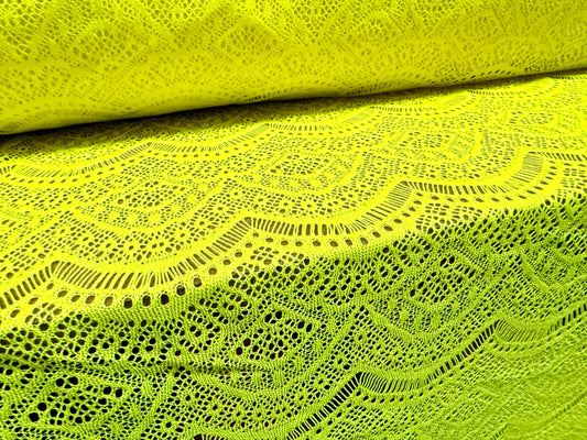 Lace dress fabric, per metre - paisley scalloped frill - fluorescent yellow