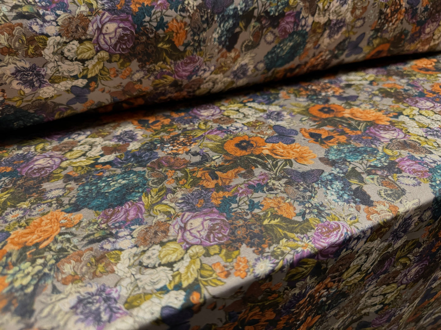 Disco stretch single jersey fabric, per metre - Butterfly Garden print - taupe orange & purple