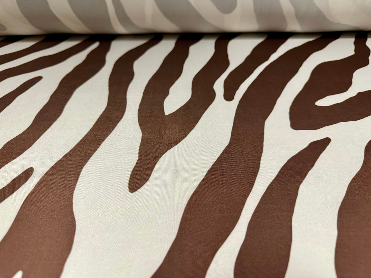 Soft touch stretch spandex single jersey fabric, per metre - jumbo zebra animal print - white & chocolate brown