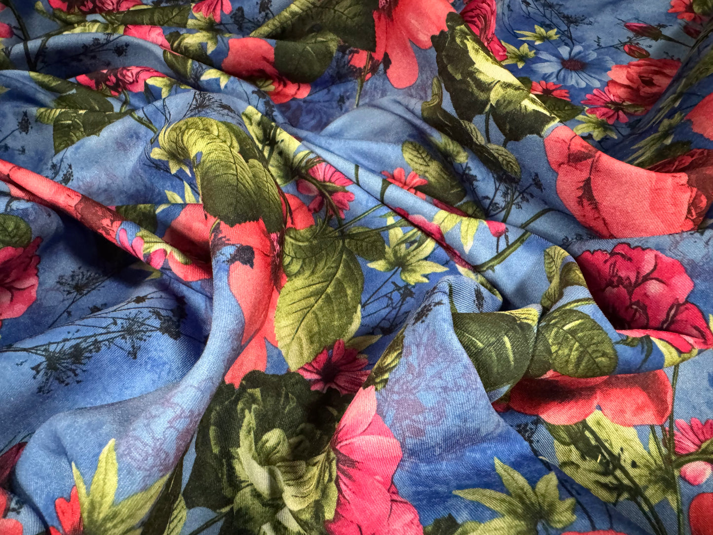 Barcelona stretch woven dress fabric, per metre - roses floral print - blue & pink
