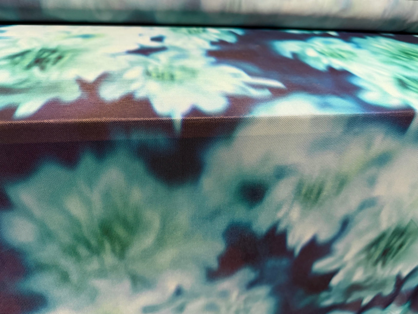 Power mesh net stretch spandex fabric, per metre - soft focus floral print - jade navy & turquoise