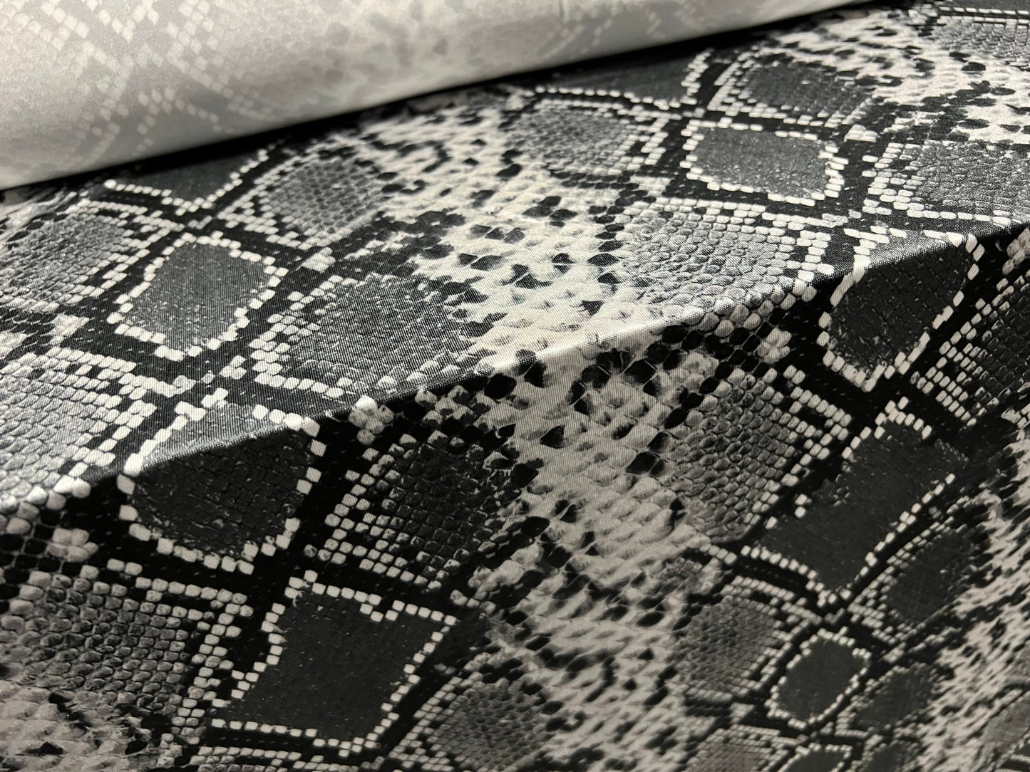 Soft touch stretch spandex single jersey fabric, per metre - snakeskin animal print - grey