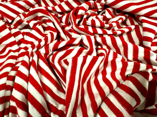 Metallic viscose spandex stretch single jersey fabric, per metre - stripe - red & white with silver lurex