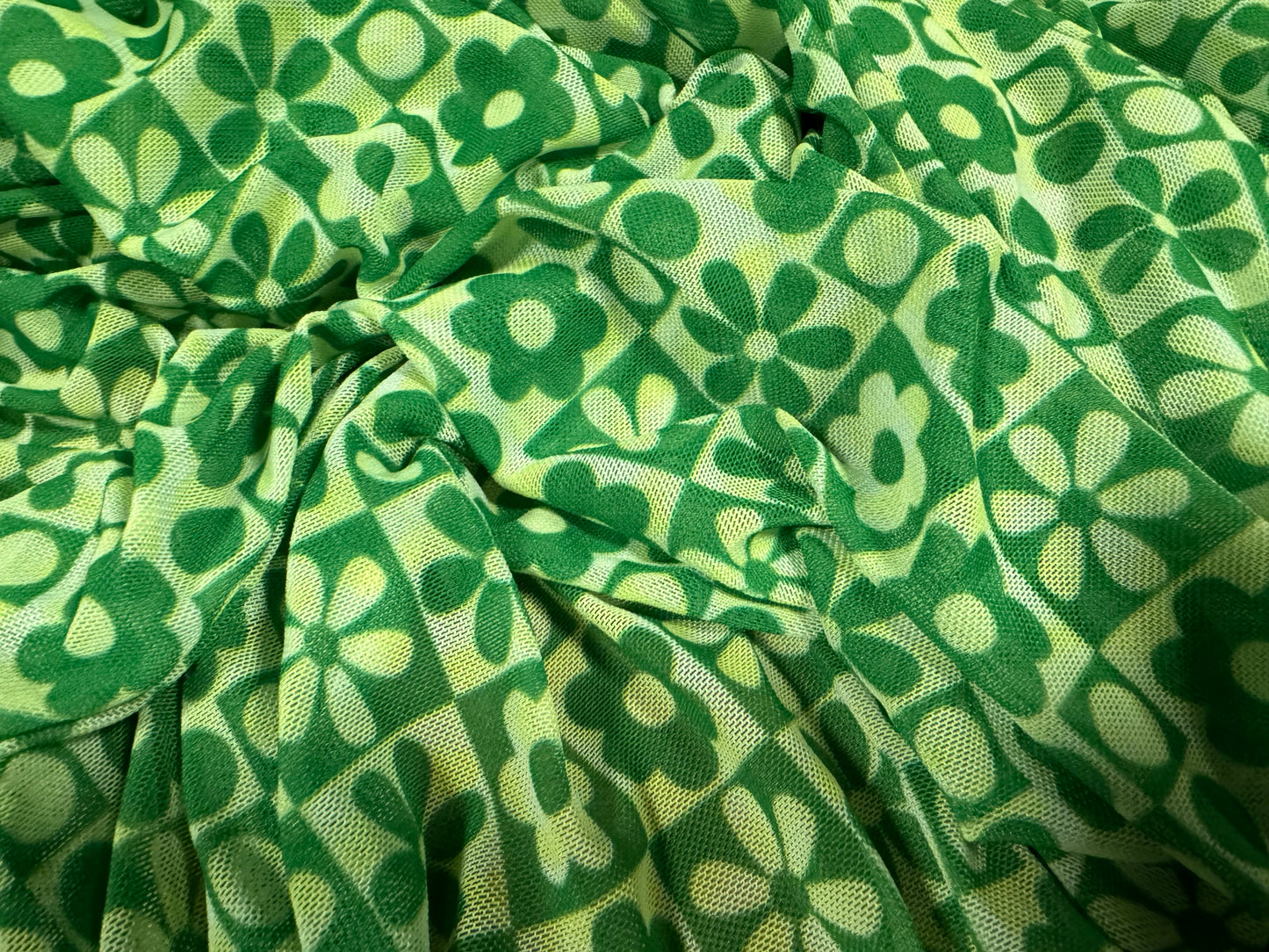 Power mesh net stretch spandex fabric, per metre - Geometric daisy flower print - green lemon & cream