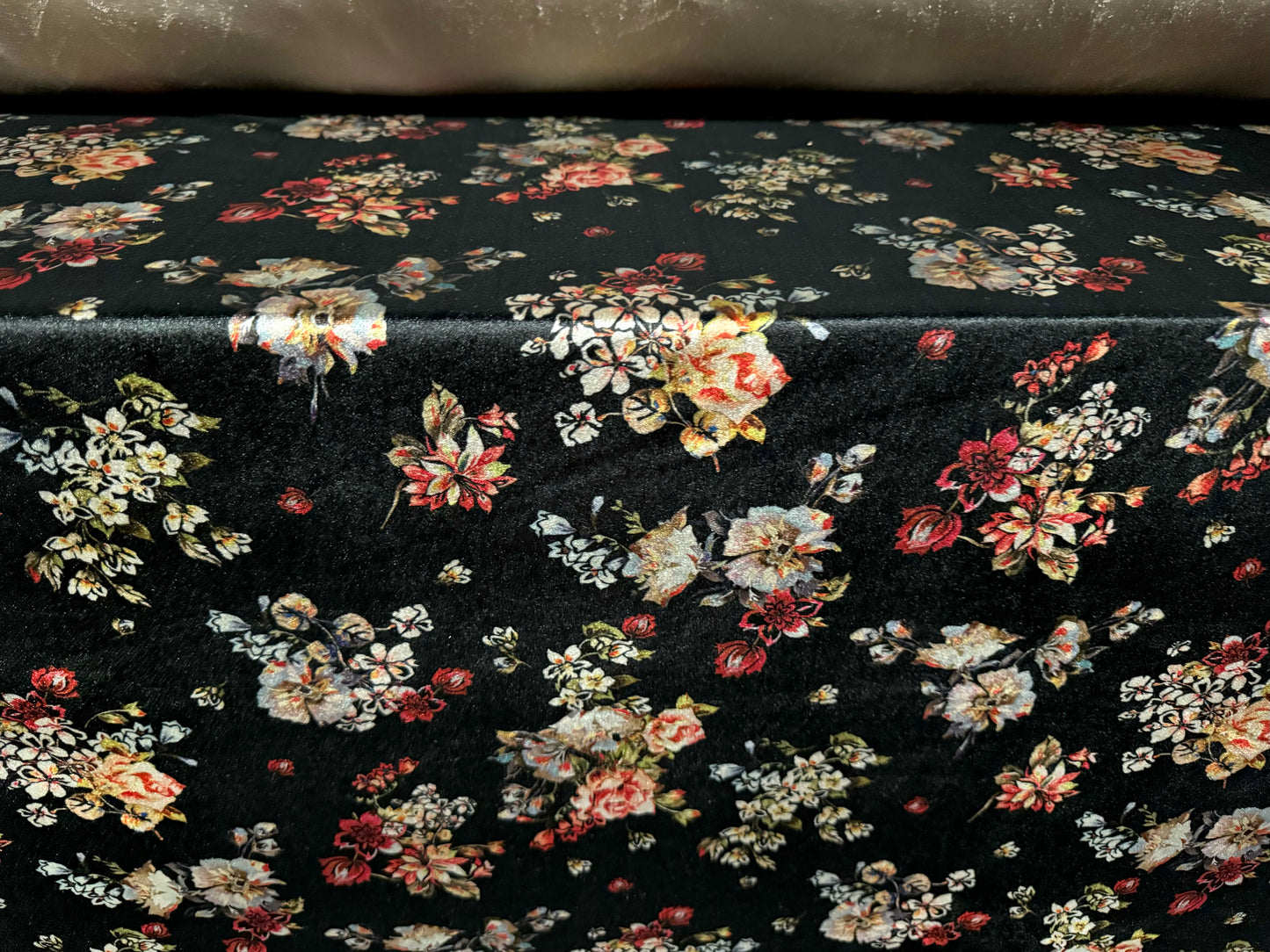 Spandex velvet stretch dress fabric, per mere - floral bouquet print - black with multicolour flowers