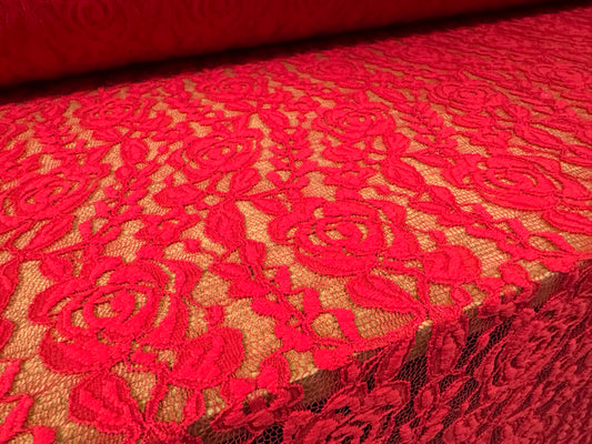 Stretch lace dress fabric, per metre - rambling rose floral design - red