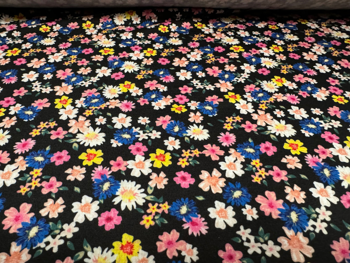 Soft handle stretch single jersey fashion fabric, per metre - primrose floral ditsy print - multicolour