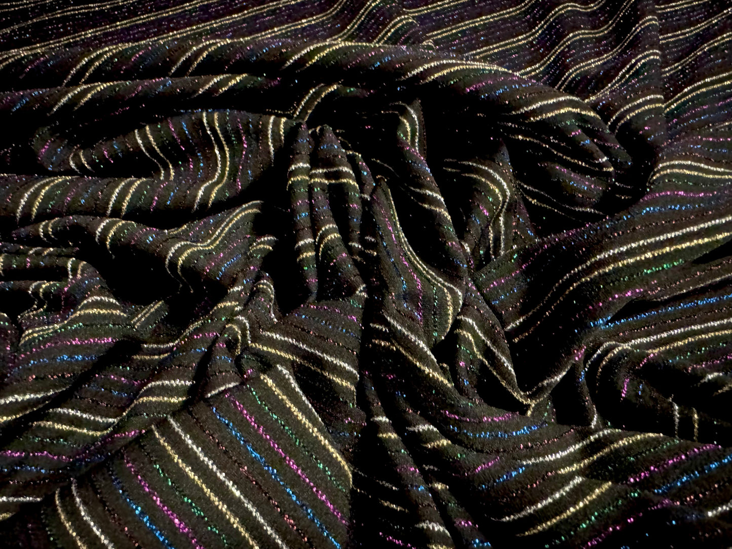 Metallic stretch single jersey fashion fabric, per metre - pinstripe - black with multicolour lurex