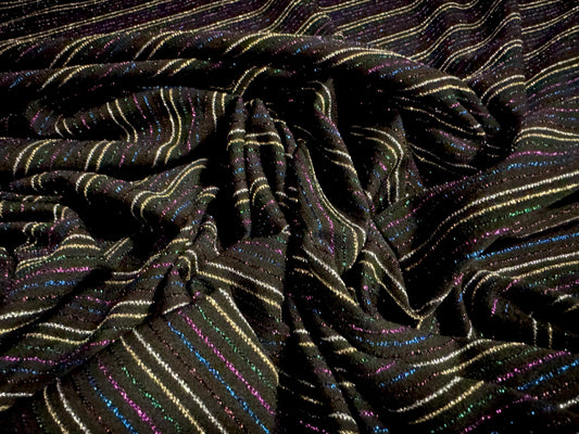 Metallic stretch single jersey fashion fabric, per metre - pinstripe - black with multicolour lurex