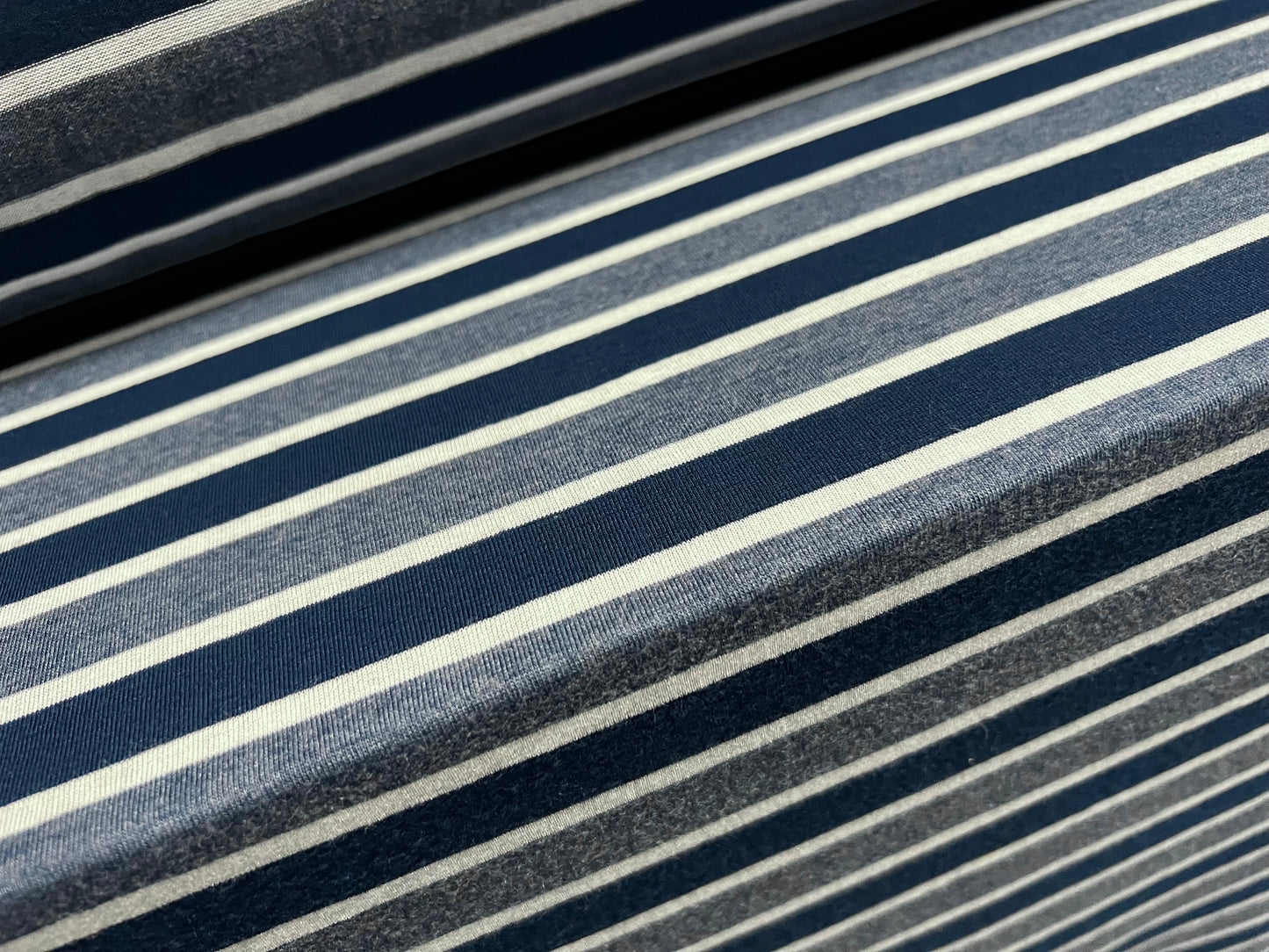 Viscose blend single jersey fabric, per metre - stripe - navy, denim blue & white