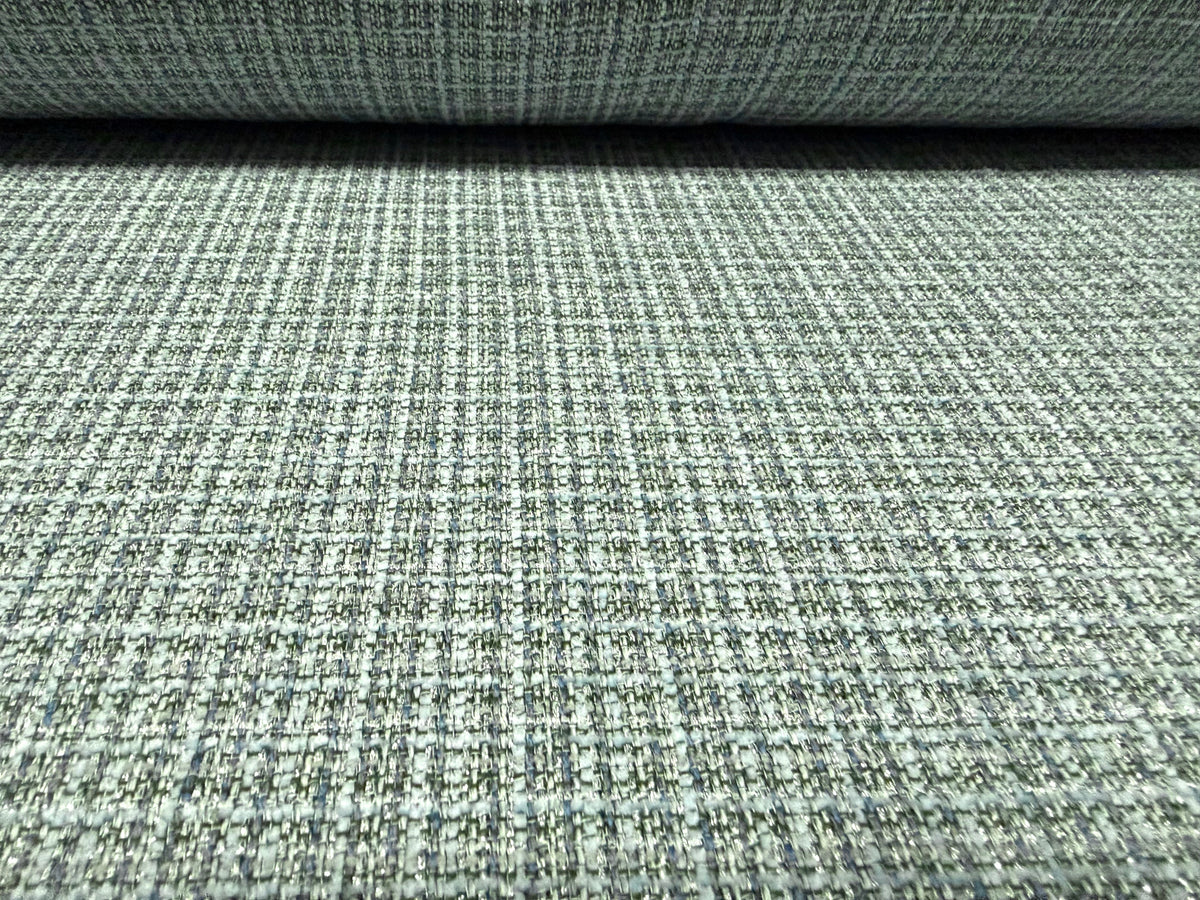 Metallic wool tweed fabric, per metre - check - aqua & silver