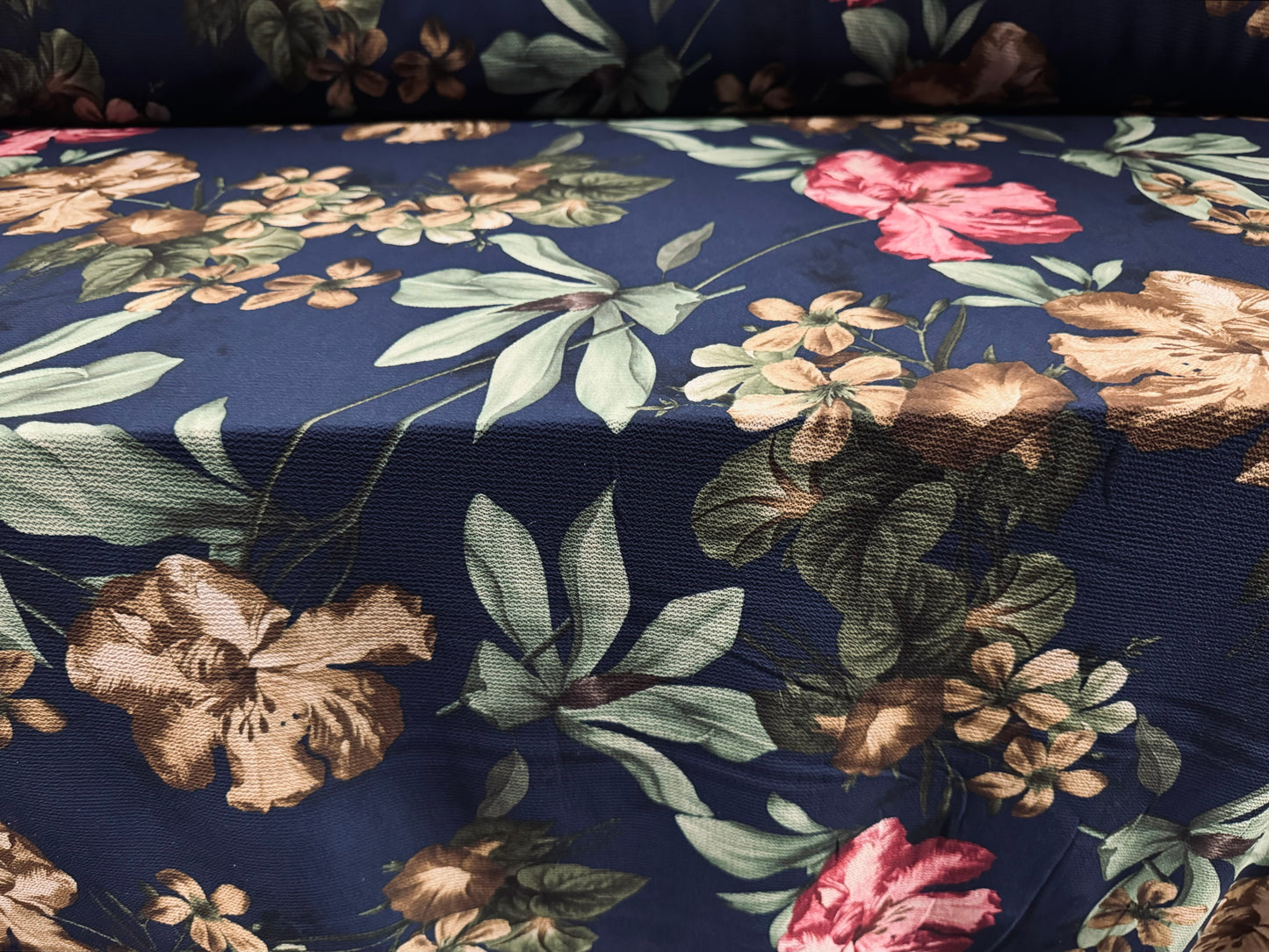 Bubble crepe stretch woven dress fabric, per metre - lily flower print - navy blue pink & beige