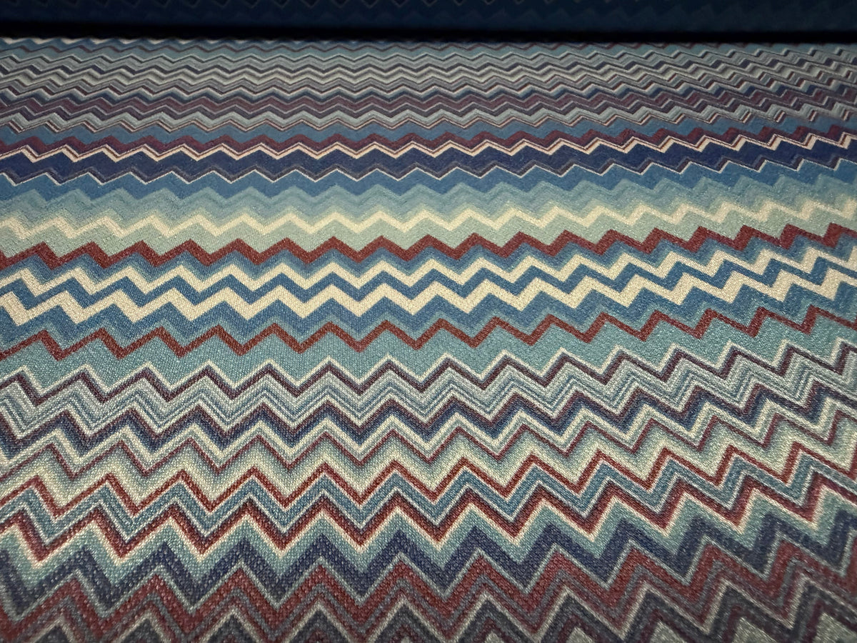 Valentino crepe stretch jersey fabric, per metre - chevron zig zag print - blue grey & burgundy