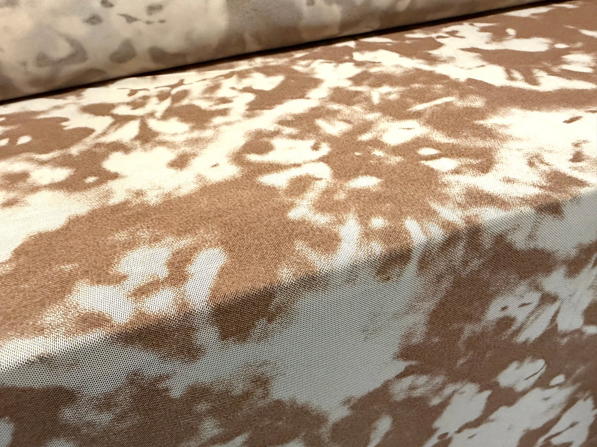 Power mesh net stretch spandex fabric, per metre - abstract print - cream & brown