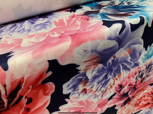 Scuba stretch spandex double jersey dress fabric, per metre - carnations flower print - navy blue, turquoise, lilac & pink