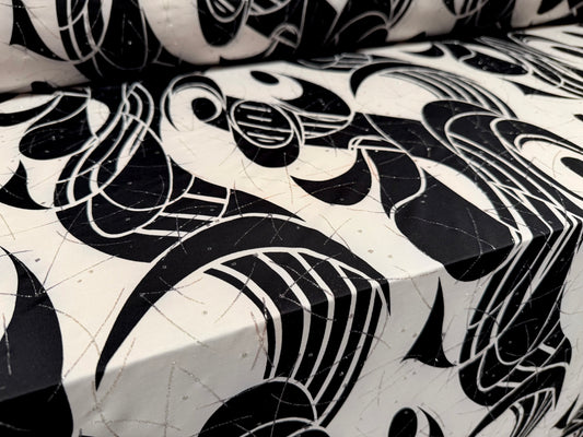 Metallic stretch single jersey fabric, per metre - Boho print - black ivory & silver