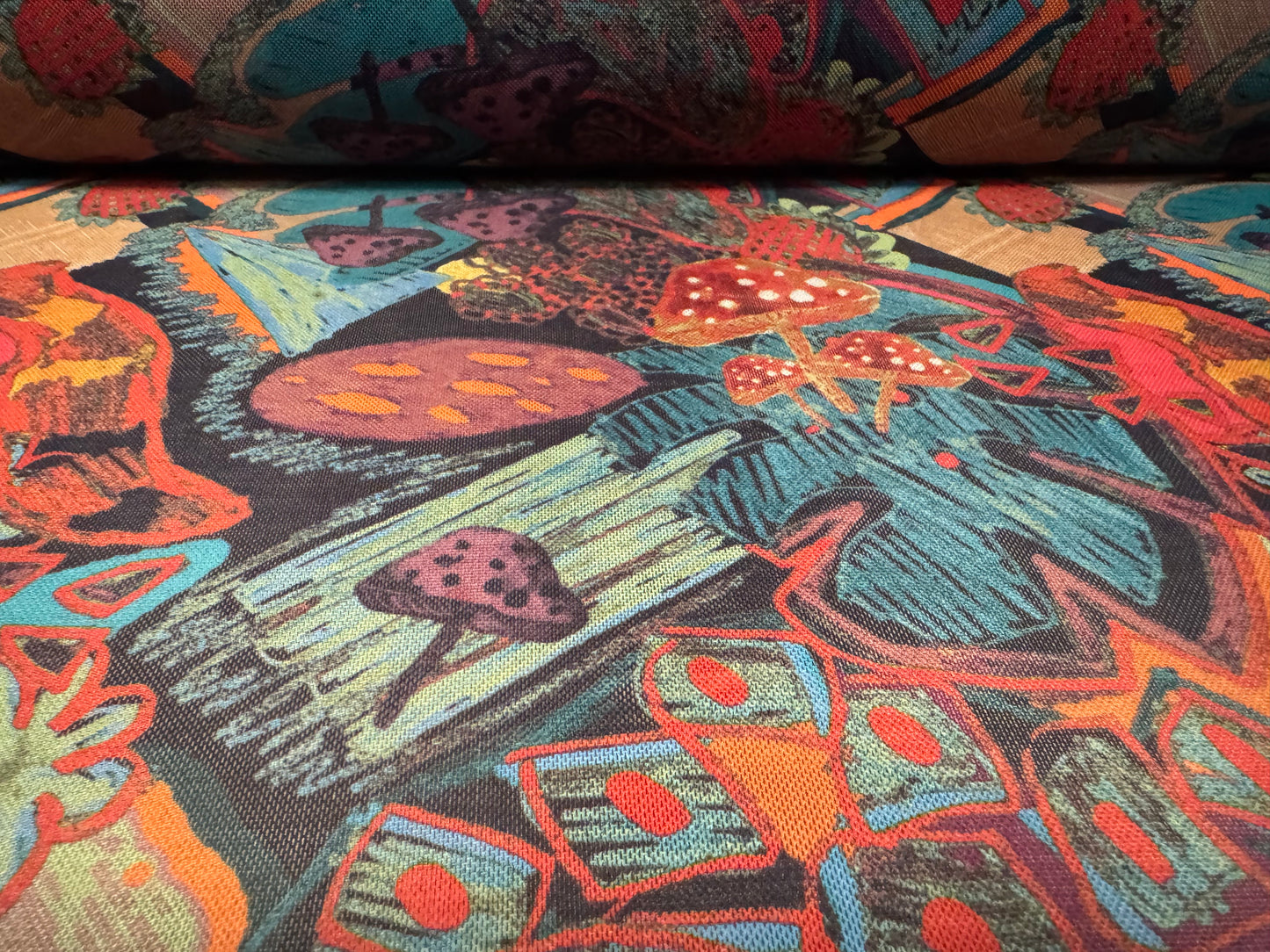 Power mesh net stretch spandex fabric, per metre - magic mushrooms print - orange & jade