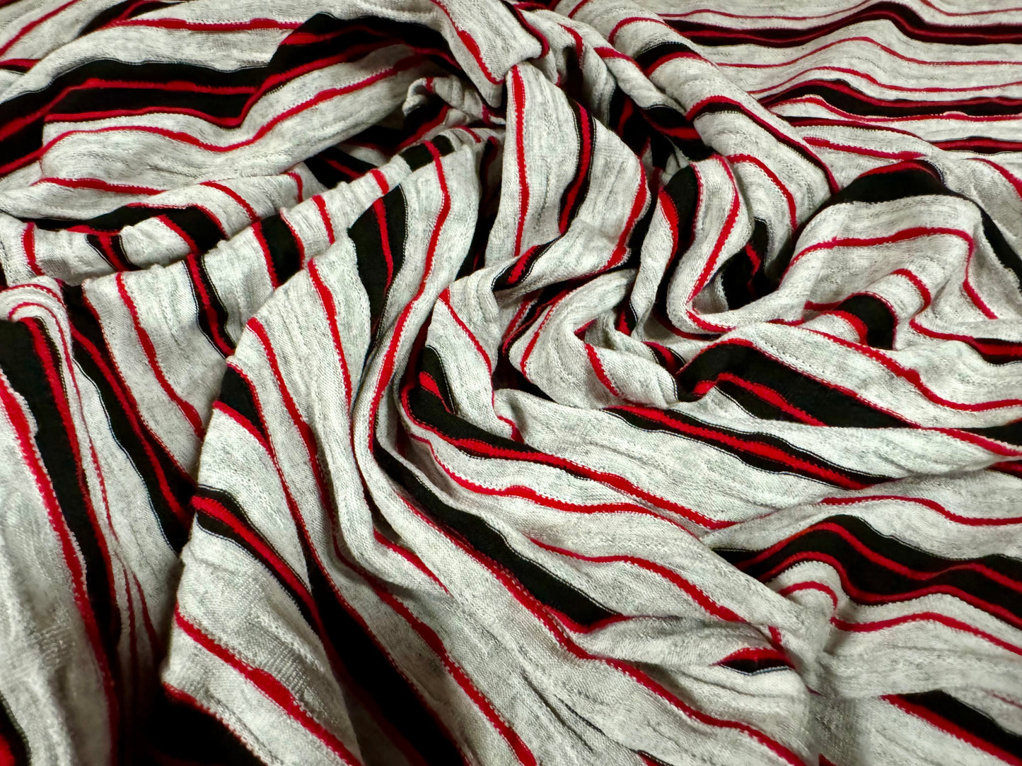 Viscose spandex stretch single jersey fabric, per metre - raised stripes - grey marl red & black