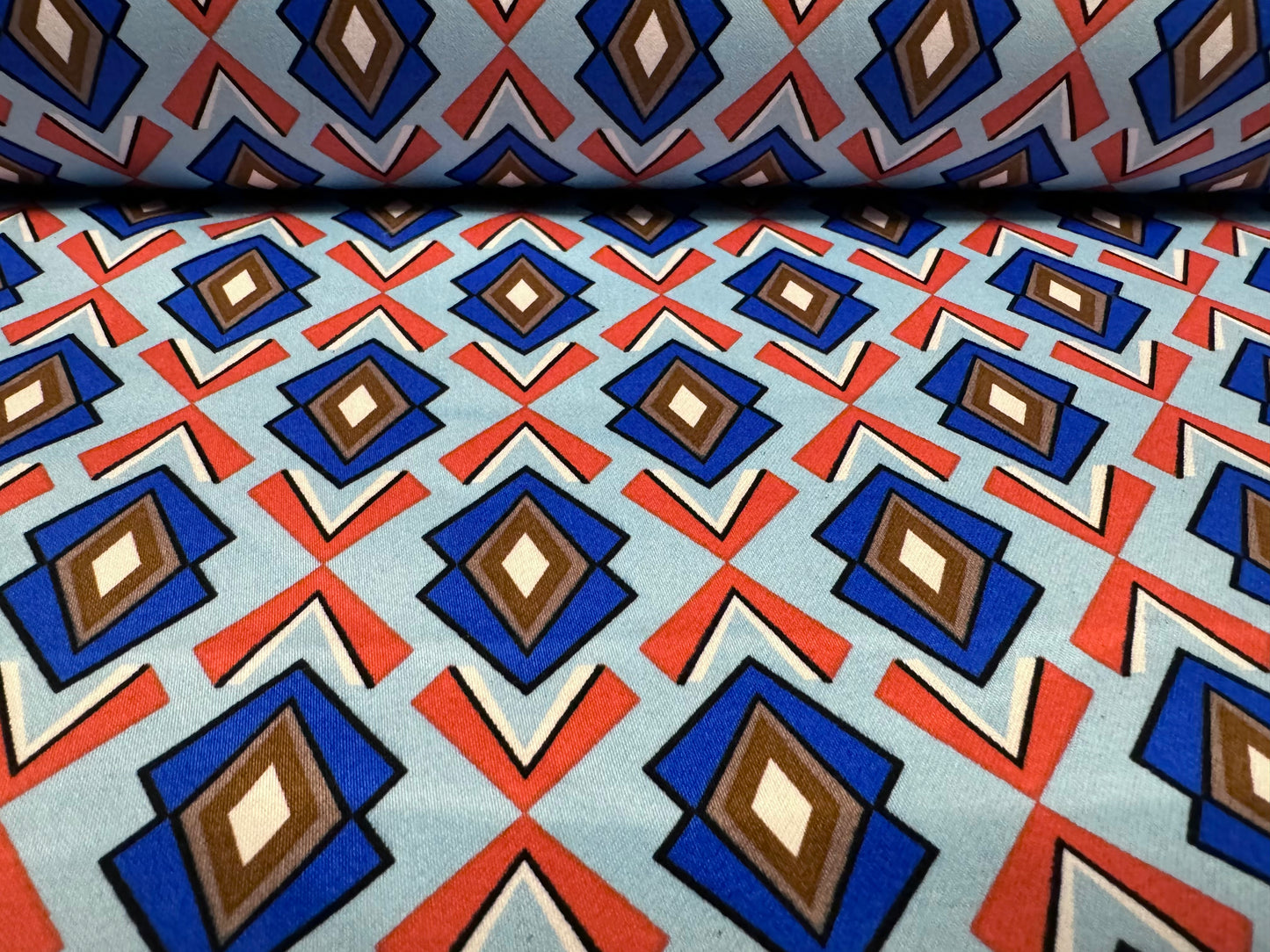 Cotton stretch sateen fabric, per metre - Aztec print - blue & orange