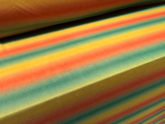 Power mesh net stretch spandex fabric, per metre - ombré stripe print - orange green & amber