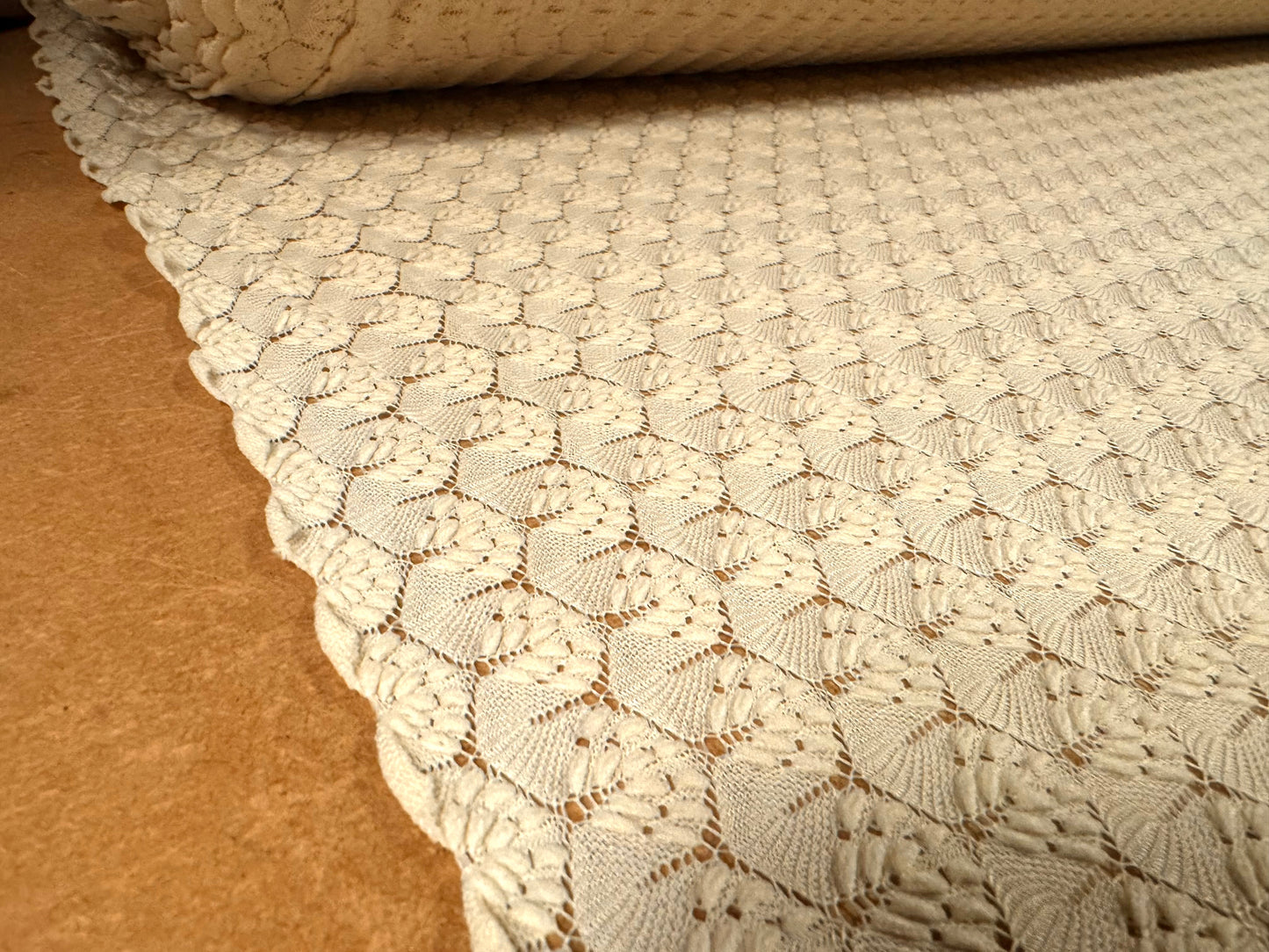 Stretch crochet knit lace dress fabric, per metre - scalloped selvedge - cream