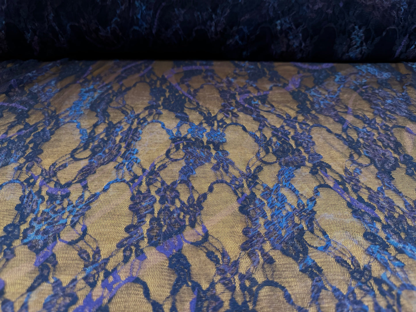 Stretch spandex mesh lace fabric, per metre - leopardskin swirl print - blue & purple