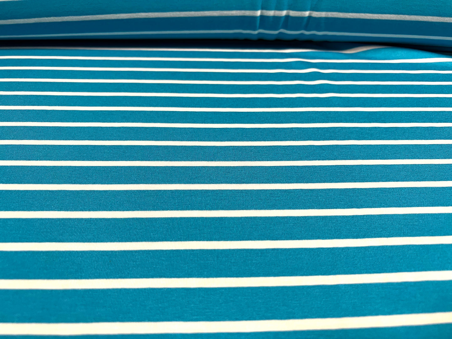 Viscose spandex stretch single jersey fabric, per metre - stripe - turquoise & white