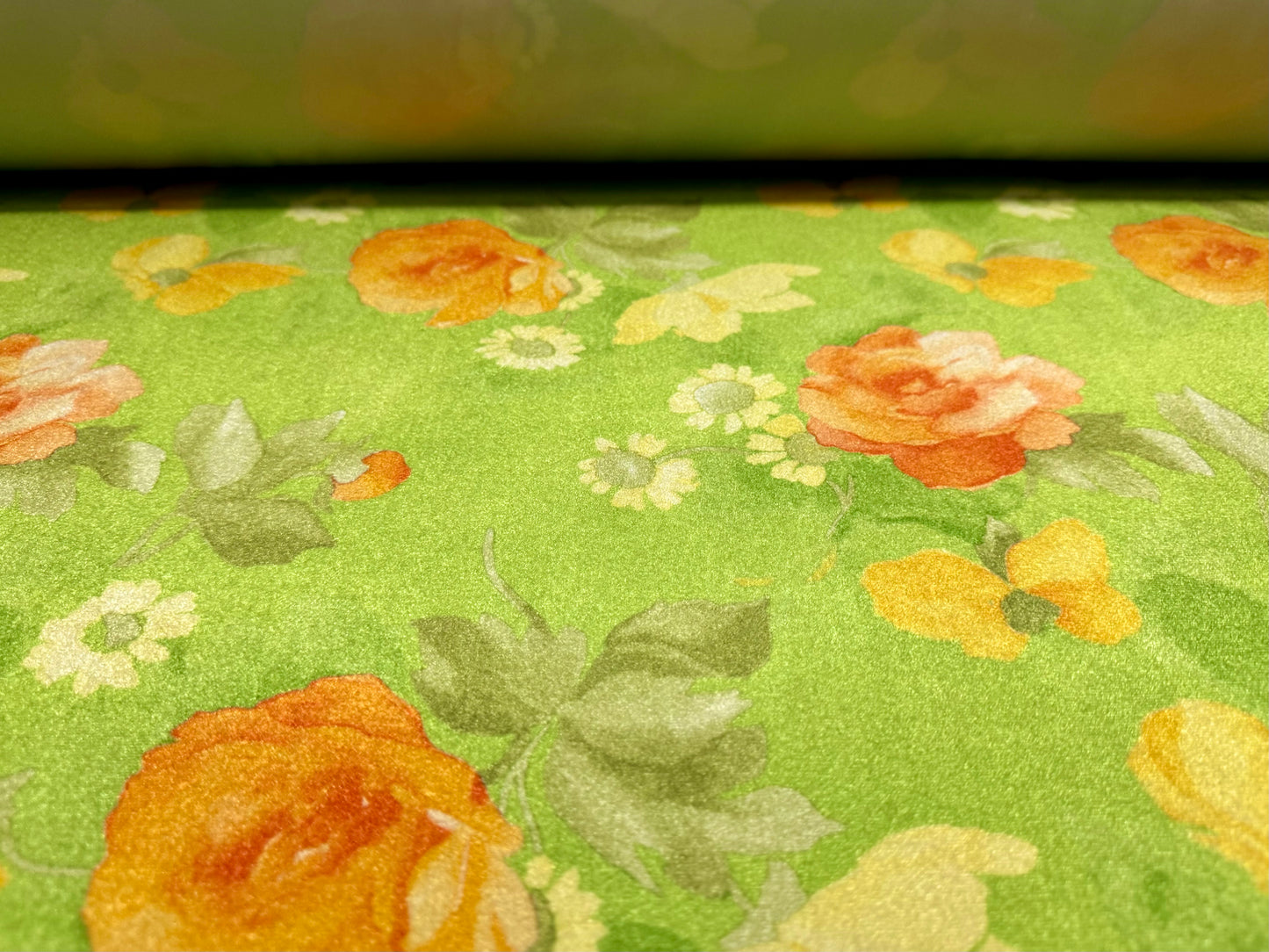 Spandex velvet stretch dress fabric, per mere - rose print - green & orange