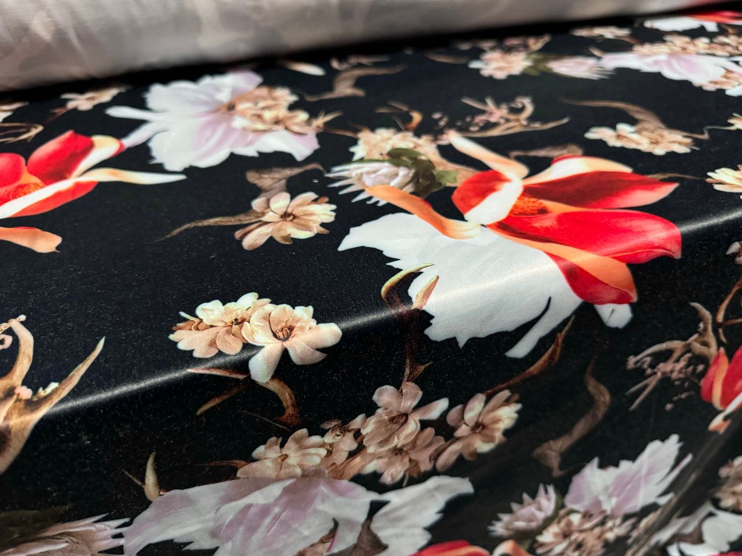 Stretch sateen woven fashion fabric, per metre - floral print - dark navy