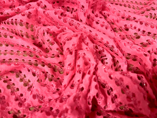 Metallic crochet knitwear jersey fabric, per metre - shocking pink & silver