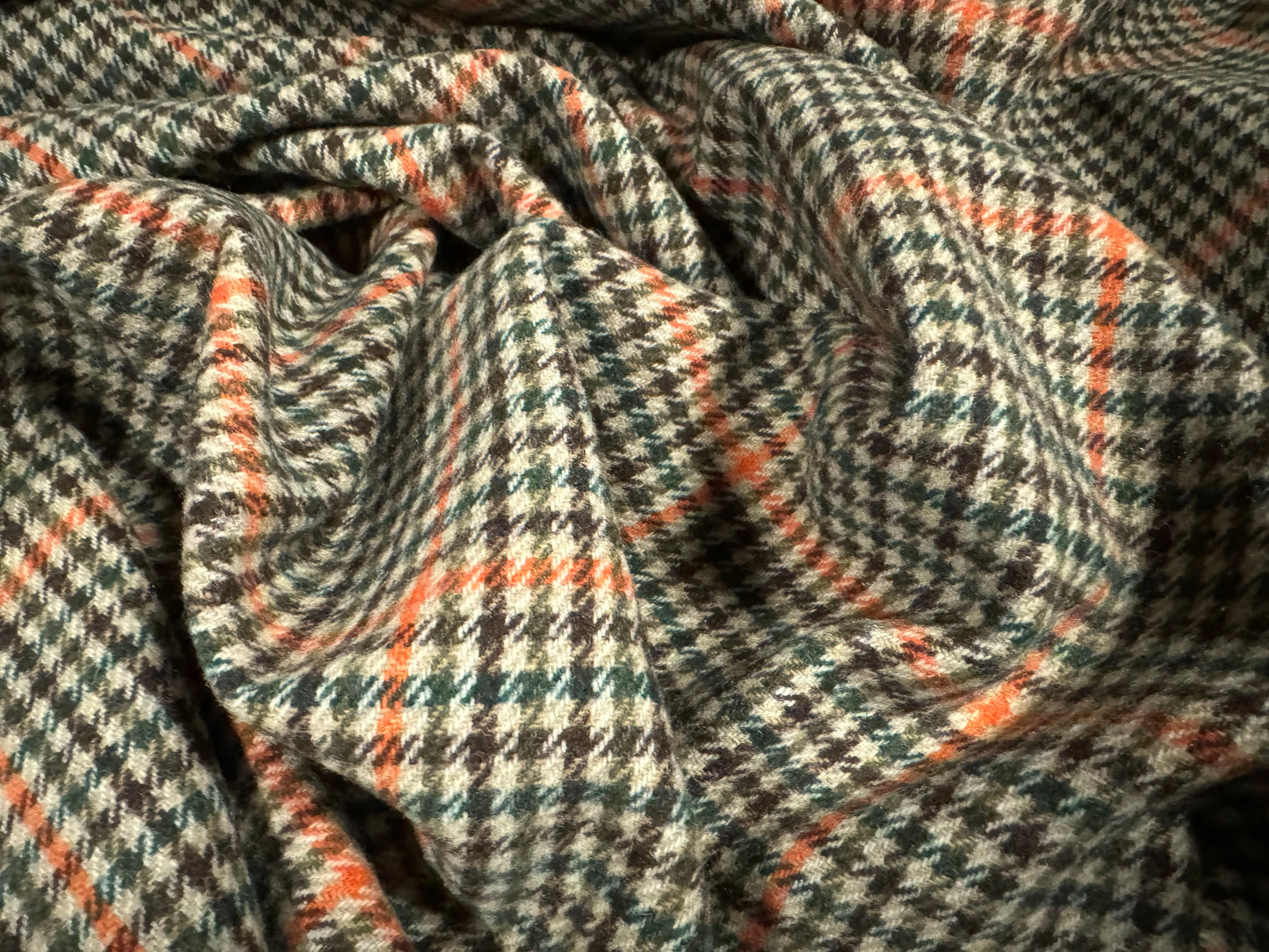 Wool mouflon coat jacket fabric, per metre - plaid check - stone orange & emerald