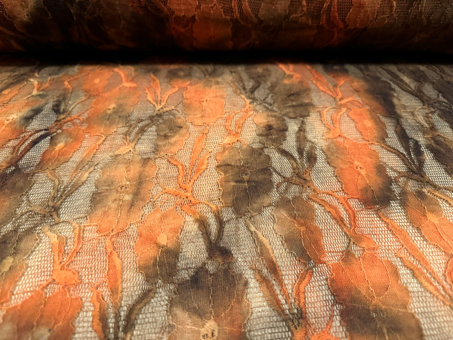 Lace fabric, per metre - tie dye leaf print - orange & brown