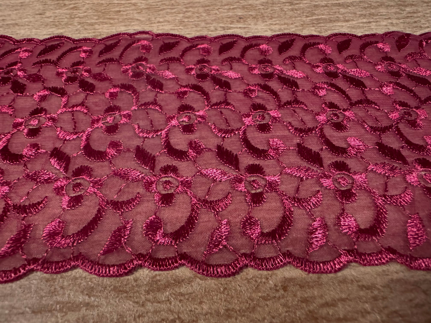 Broderie Anglais chiffon edging trim fabric with scalloped selvedges, per metre - burgundy