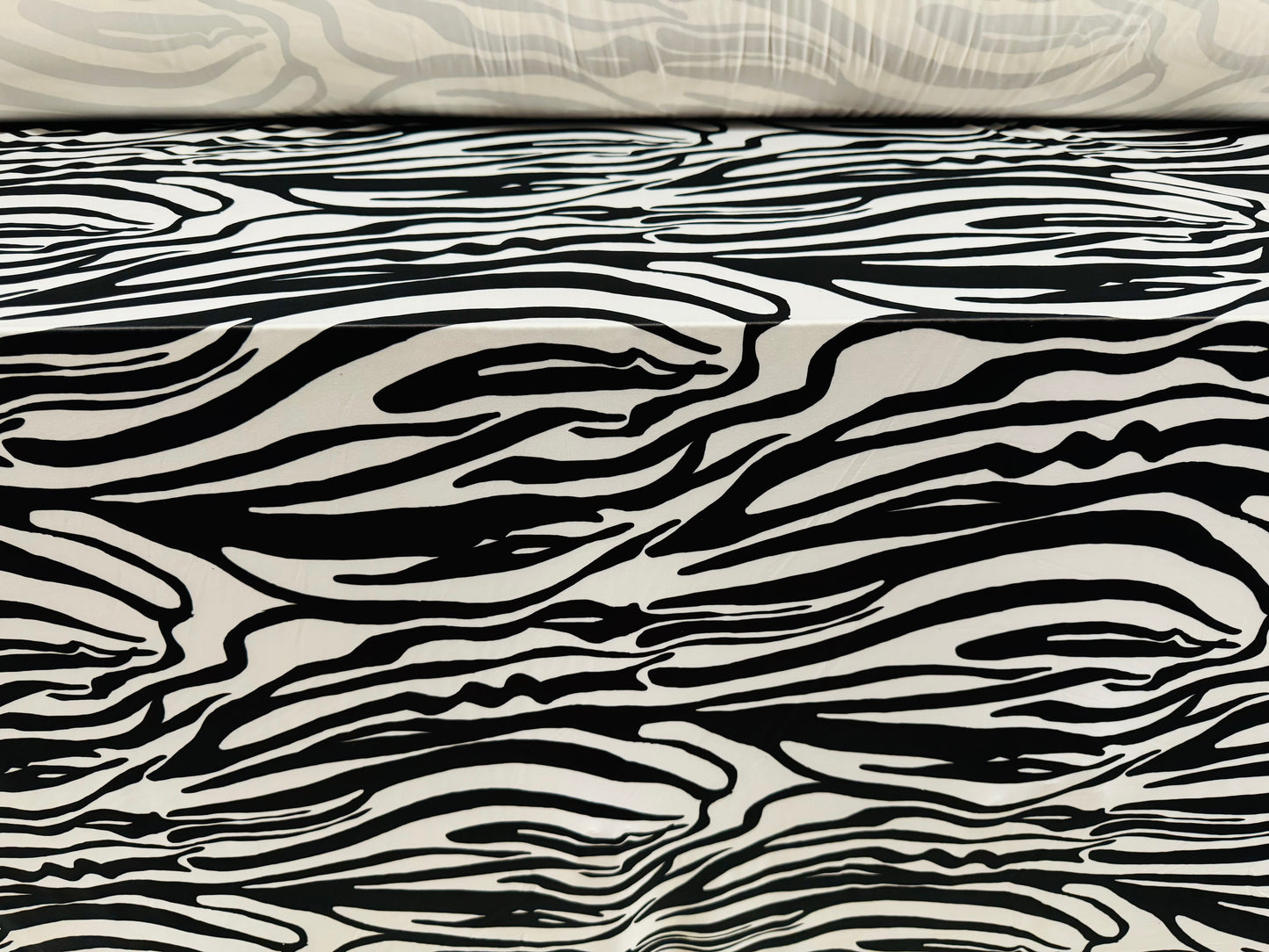 Soft touch stretch spandex single jersey fabric, per metre - zebra animal print - black & white