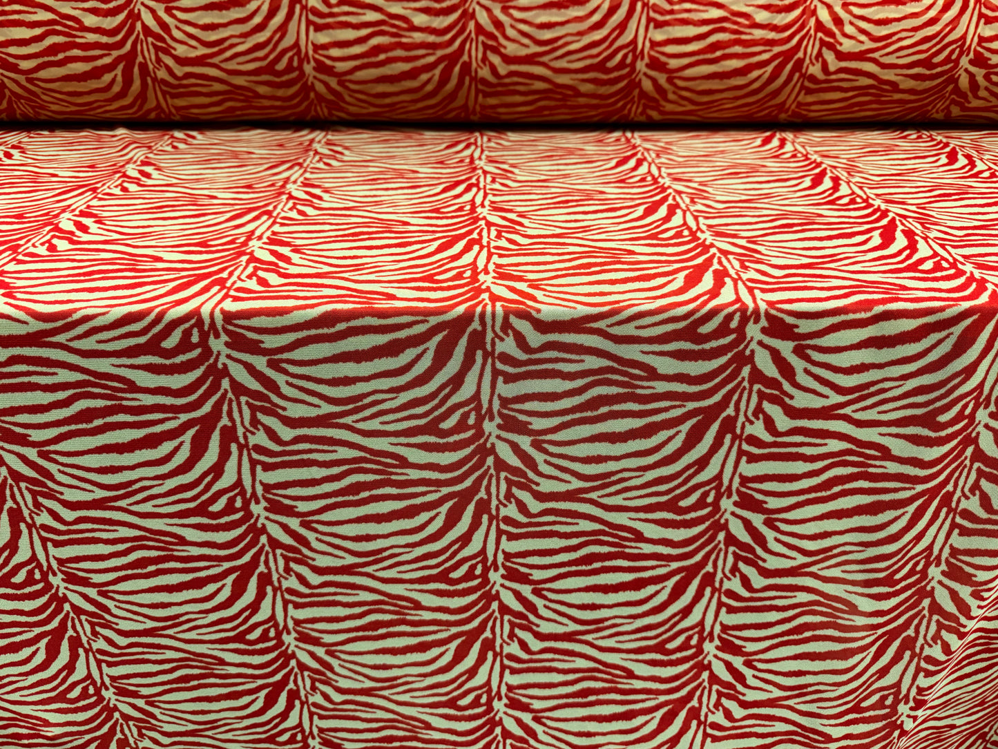 Power mesh crepe stretch spandex fabric, per metre - zebra animal print - red & cream