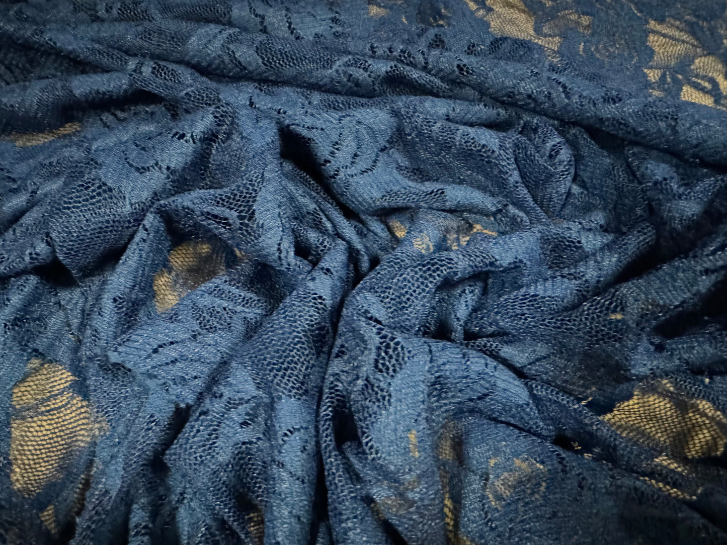 Stretch spandex lace fabric, per metre - rose flower pattern - French Navy Blue