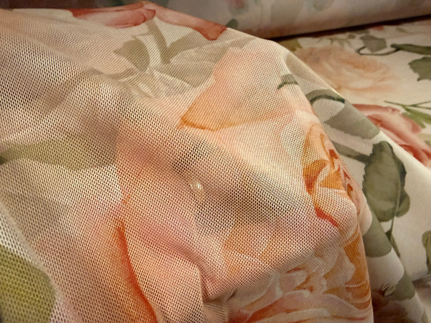Power mesh net stretch spandex fabric, per metre - roses print - peach melba
