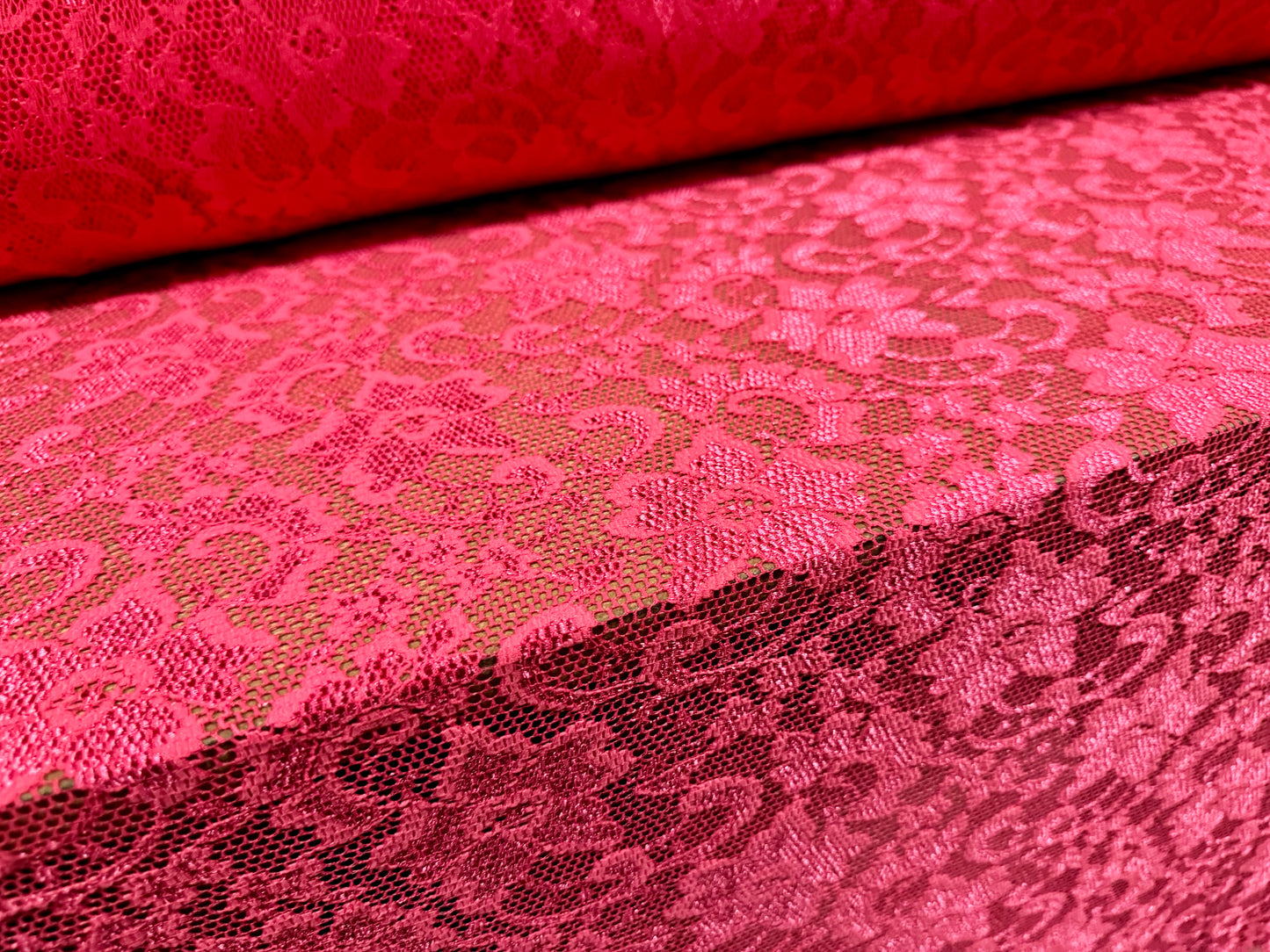 Stretch lace dress fabric, per metre - scalloped selvedge - floral - London pink