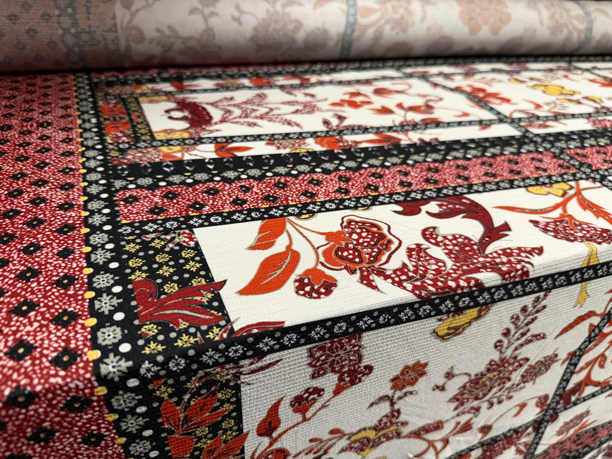 Stretch Vienna crepe dress fabric with spandex, per metre - floral double border print - wine terracotta & black