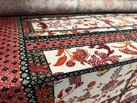 Stretch Vienna crepe dress fabric with spandex, per metre - floral double border print - wine terracotta & black