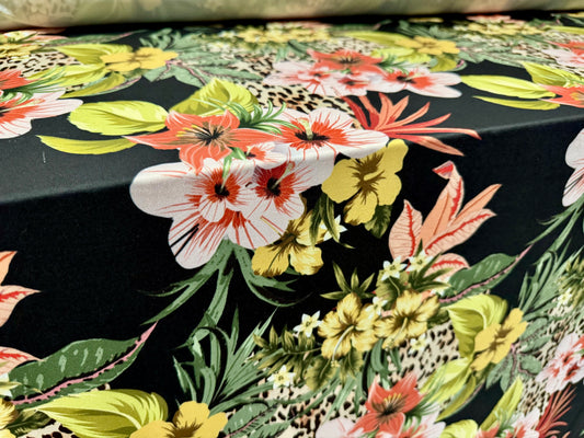 Stretch spandex jersey fabric, per metre - tropical flowers & leopardskin print