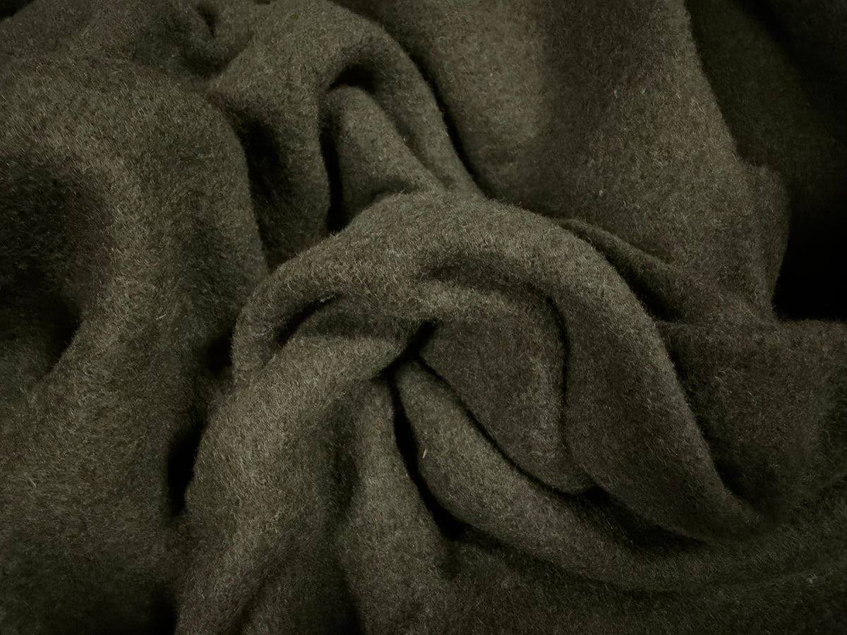 Bonded wool flannel fabric, per metre - dual face plain and check - olive green & brown