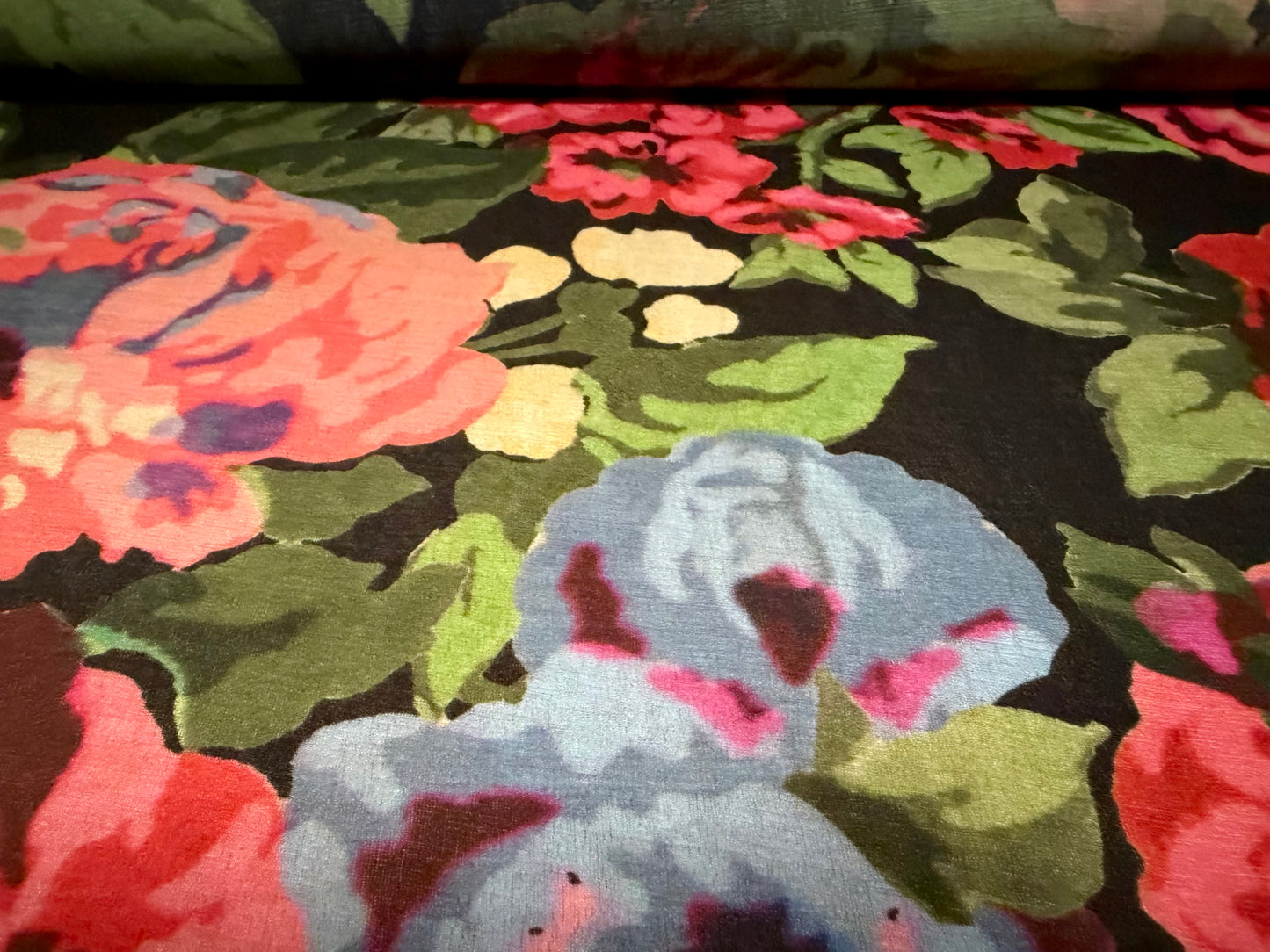 Stretch chiffon jersey fashion fabric, per metre - floral print - black & pink