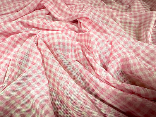 Power mesh net stretch spandex fabric, per metre - gingham print - pink & white